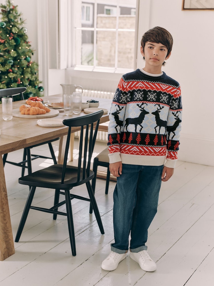 Navy Blue/Red Matching Family Boys Christmas Fairisle Pattern Reindeer Jumper (3mths-16yrs) - Image 1 of 8