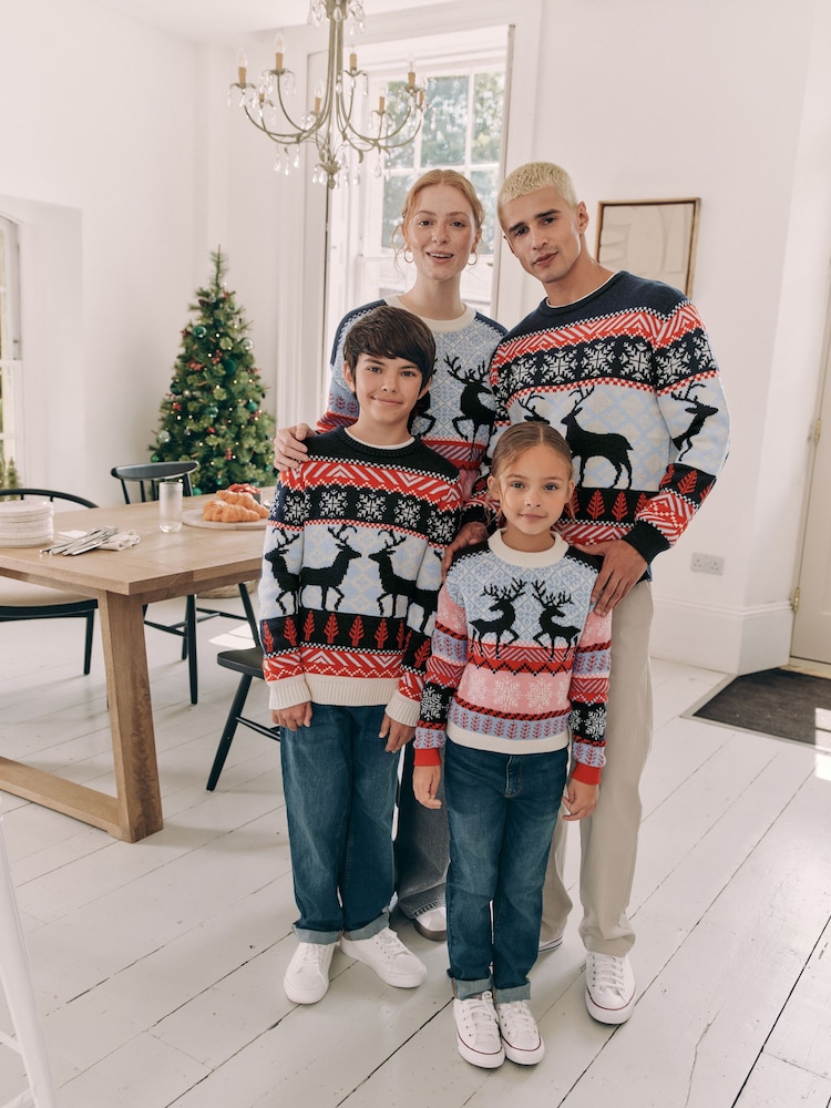 Navy Blue/Red Matching Family Boys Christmas Fairisle Pattern Reindeer Jumper (3mths-16yrs) - Image 2 of 8