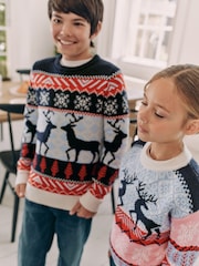 Navy Blue/Red Matching Family Boys Christmas Fairisle Pattern Reindeer Jumper (3mths-16yrs) - Image 3 of 8