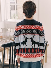 Navy Blue/Red Matching Family Boys Christmas Fairisle Pattern Reindeer Jumper (3mths-16yrs) - Image 4 of 8