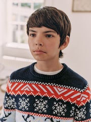Navy Blue/Red Matching Family Boys Christmas Fairisle Pattern Reindeer Jumper (3mths-16yrs) - Image 5 of 8