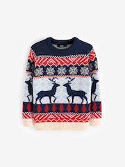Navy Blue/Red Matching Family Boys Christmas Fairisle Pattern Reindeer Jumper (3mths-16yrs) - Image 6 of 8