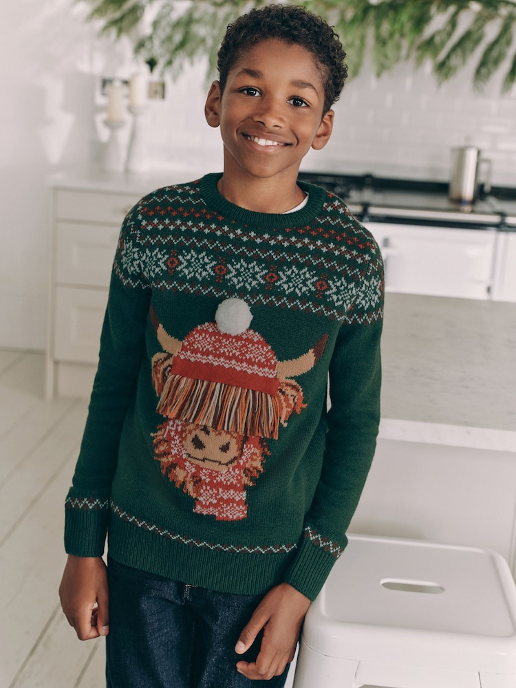 Dark Green Matching Family Kids Christmas Hamish The Highland Cow Jumper (3-16yrs) - Image 1 of 7