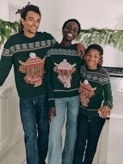 Dark Green Matching Family Kids Christmas Hamish The Highland Cow Jumper (3-16yrs) - Image 3 of 7