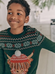 Dark Green Matching Family Kids Christmas Hamish The Highland Cow Jumper (3-16yrs) - Image 4 of 7