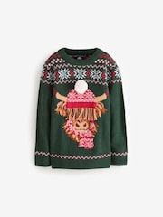 Dark Green Matching Family Kids Christmas Hamish The Highland Cow Jumper (3-16yrs) - Image 5 of 7