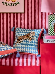 Eleanor Bowmer Blue Harlequin Velvet Tiger Cushion - Image 1 of 3