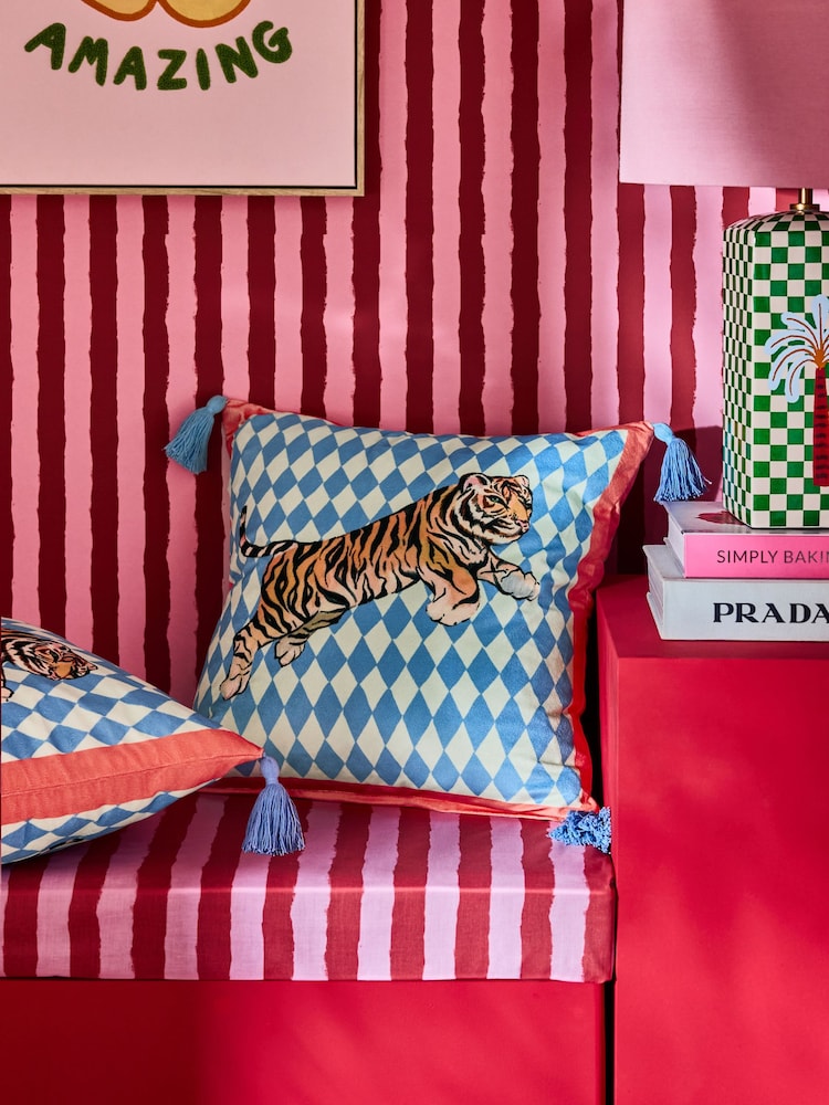 Eleanor Bowmer Blue Harlequin Velvet Tiger Cushion - Image 1 of 3