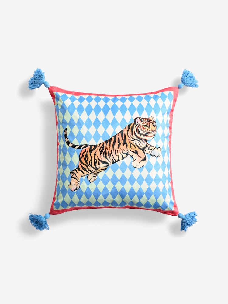 Eleanor Bowmer Blue Harlequin Velvet Tiger Cushion - Image 3 of 3