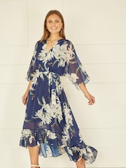 Yumi Navy Blue Floral Kimono Sleeves Dip Hem Wrap Midi Dress - Image 1 of 3