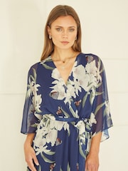 Yumi Navy Blue Floral Kimono Sleeves Dip Hem Wrap Midi Dress - Image 2 of 3