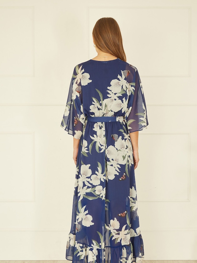 Yumi Navy Blue Floral Kimono Sleeves Dip Hem Wrap Midi Dress - Image 3 of 3