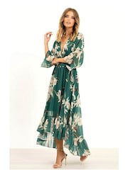 Yumi Forest Green Floral Kimono Sleeves Dip Hem Wrap Midi Dress - Image 1 of 4