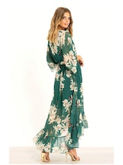 Yumi Forest Green Floral Kimono Sleeves Dip Hem Wrap Midi Dress - Image 2 of 4