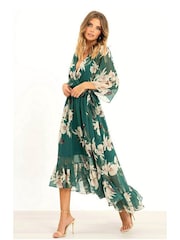 Yumi Forest Green Floral Kimono Sleeves Dip Hem Wrap Midi Dress - Image 3 of 4