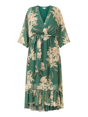 Yumi Forest Green Floral Kimono Sleeves Dip Hem Wrap Midi Dress - Image 4 of 4