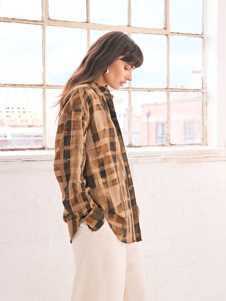 Chocolate Brown Check Print Long Sleeve Collared Summer Shirt - Image 1 of 6