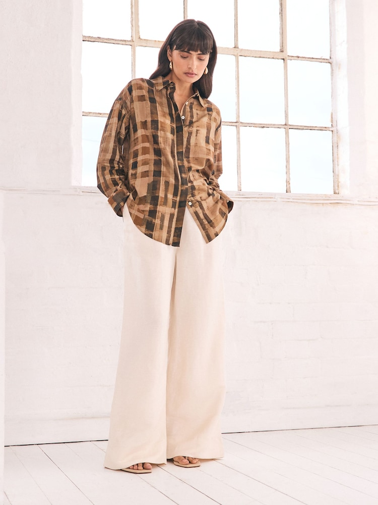Chocolate Brown Check Print Long Sleeve Collared Summer Shirt - Image 2 of 6