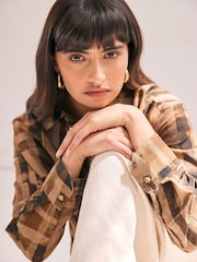 Chocolate Brown Check Print Long Sleeve Collared Summer Shirt - Image 4 of 6