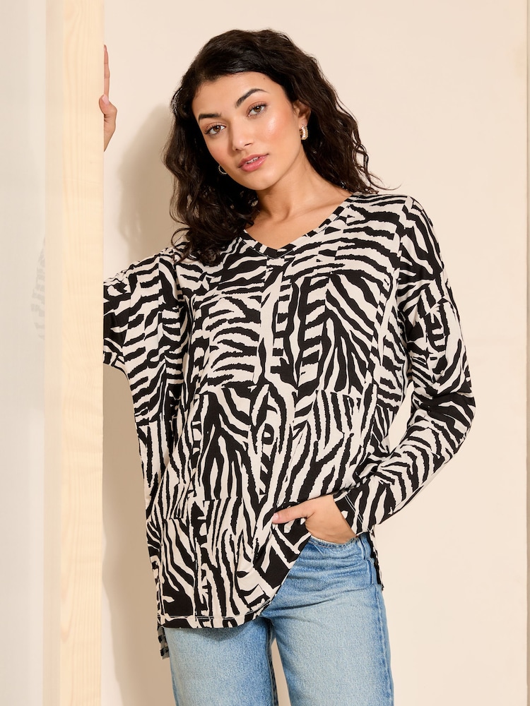 Friends Like These Zebra Soft Jersey V Neck Long Sleeve Tunic Top - Image 1 of 4