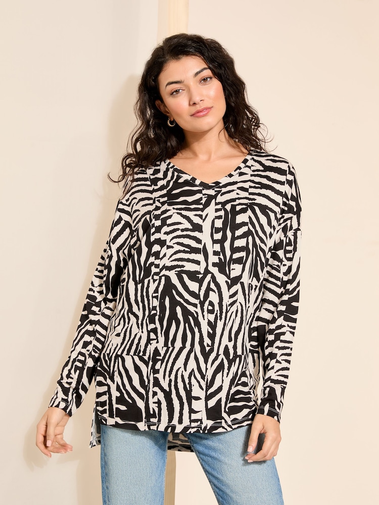 Friends Like These Zebra Soft Jersey V Neck Long Sleeve Tunic Top - Image 2 of 4