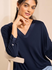 Friends Like These Navy Blue Soft Jersey V Neck Long Sleeve Tunic Top - Image 1 of 4