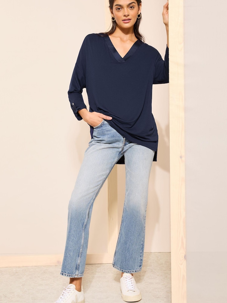 Friends Like These Navy Blue Soft Jersey V Neck Long Sleeve Tunic Top - Image 2 of 4 Friends Like These Navy Blue Soft Jersey V Neck Long Sleeve Tunic Top - Image 2 of 4