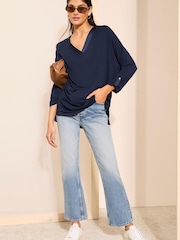 Friends Like These Navy Blue Soft Jersey V Neck Long Sleeve Tunic Top - Image 3 of 4