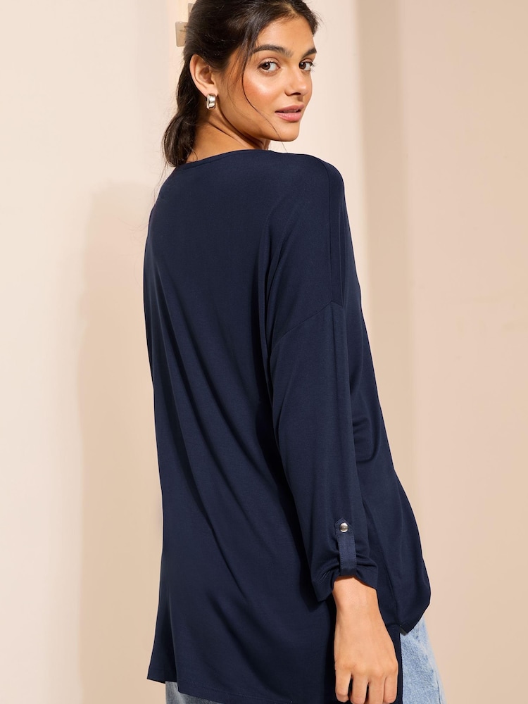 Friends Like These Navy Blue Soft Jersey V Neck Long Sleeve Tunic Top - Image 4 of 4 Friends Like These Navy Blue Soft Jersey V Neck Long Sleeve Tunic Top - Image 4 of 4