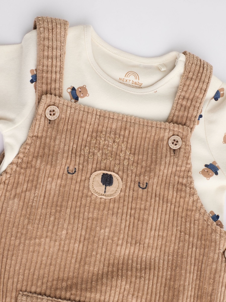 Tan Brown Corduroy 100% Cotton Baby Dungarees and Bodysuit Set (0mths-2yrs) - Image 5 of 8
