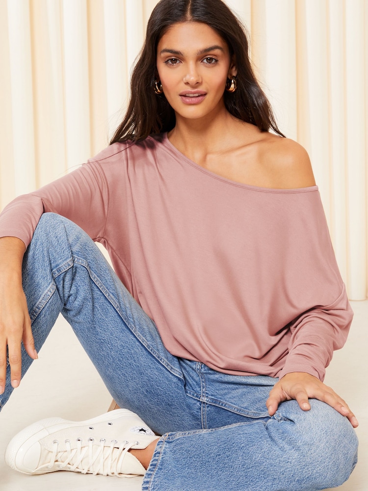Friends Like These Neutral Soft Jersey Long Sleeve Slash Neck Tunic Top - Image 2 of 4