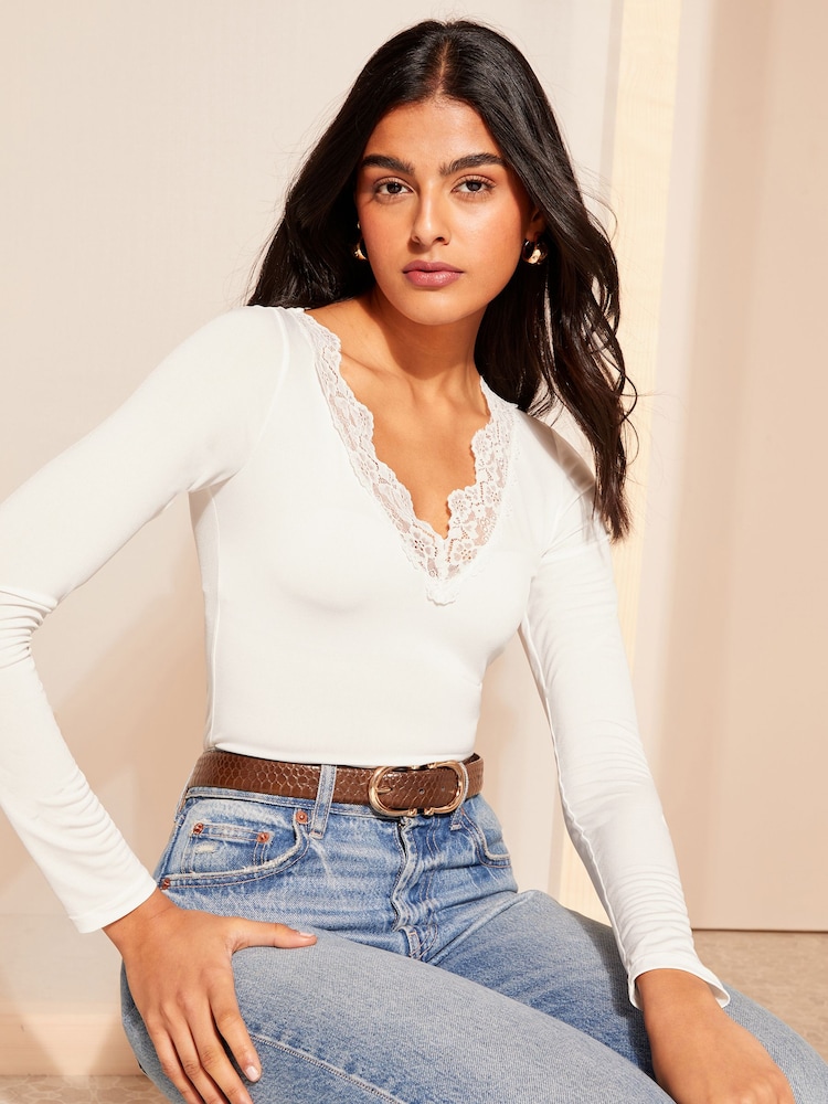 Friends Like These Cream Long Sleeve Lace Insert Bodysuit - Image 1 of 4