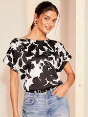 Friends Like These Black/White Printed Satin Utility Short Sleeve Top - Image 1 of 4