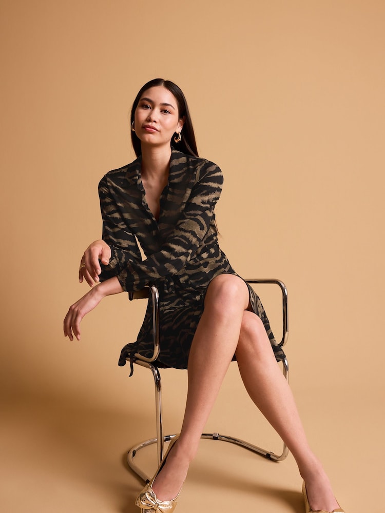 Black/Brown Zebra Print Mini Belted Shirt Dress - Image 2 of 7