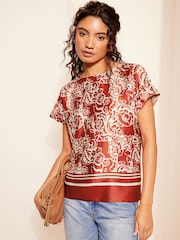 Friends Like These Red Printed Satin Utility Short Sleeve Top - Image 1 of 4