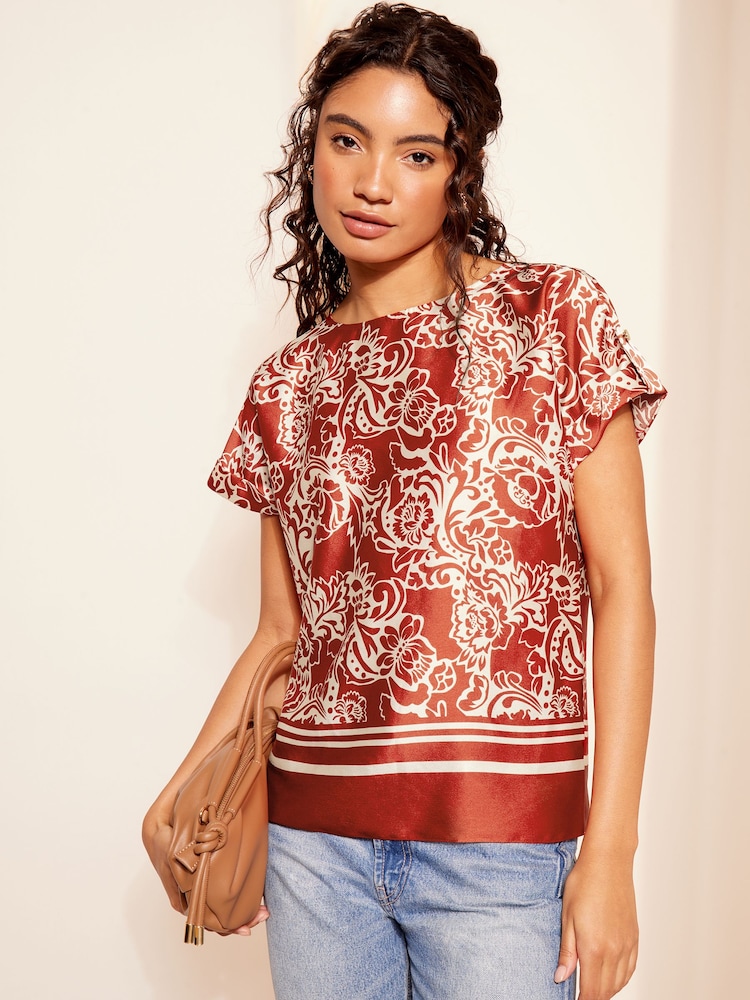 Friends Like These Red Printed Satin Utility Short Sleeve Top - Image 1 of 4