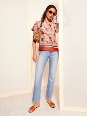 Friends Like These Red Printed Satin Utility Short Sleeve Top - Image 2 of 4