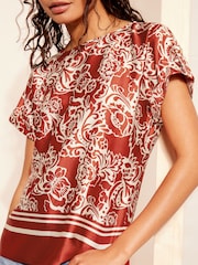 Friends Like These Red Printed Satin Utility Short Sleeve Top - Image 3 of 4