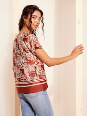 Friends Like These Red Printed Satin Utility Short Sleeve Top - Image 4 of 4