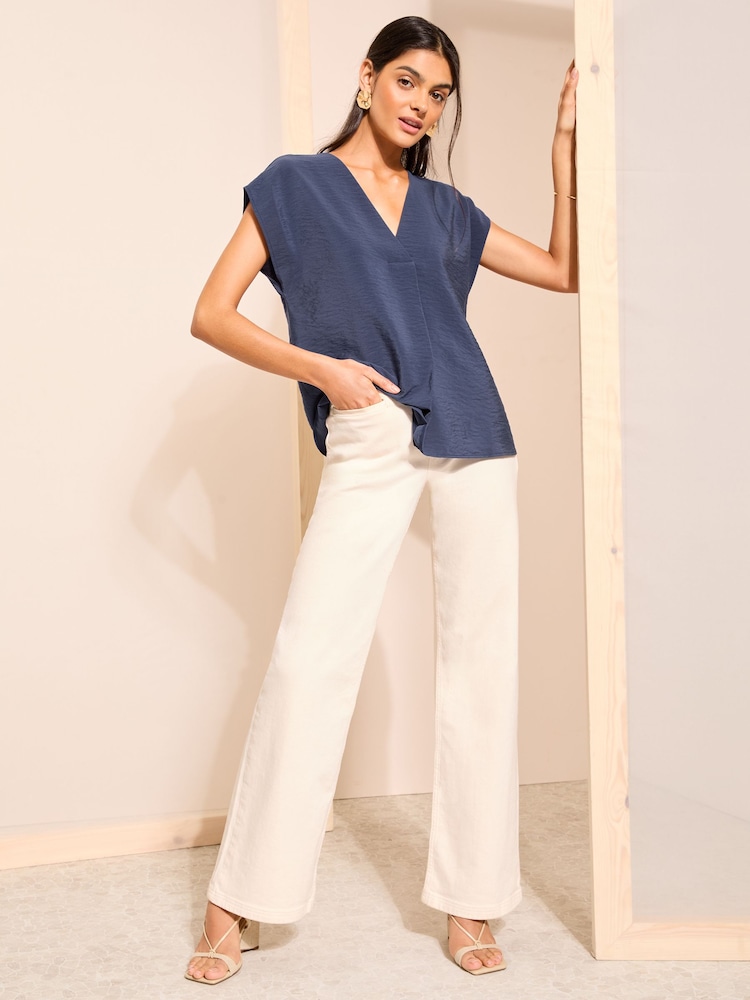 Friends Like These Navy Blue Short Sleeve V Neck Woven Blouse - Image 2 of 4 Friends Like These Navy Blue Short Sleeve V Neck Woven Blouse - Image 2 of 4