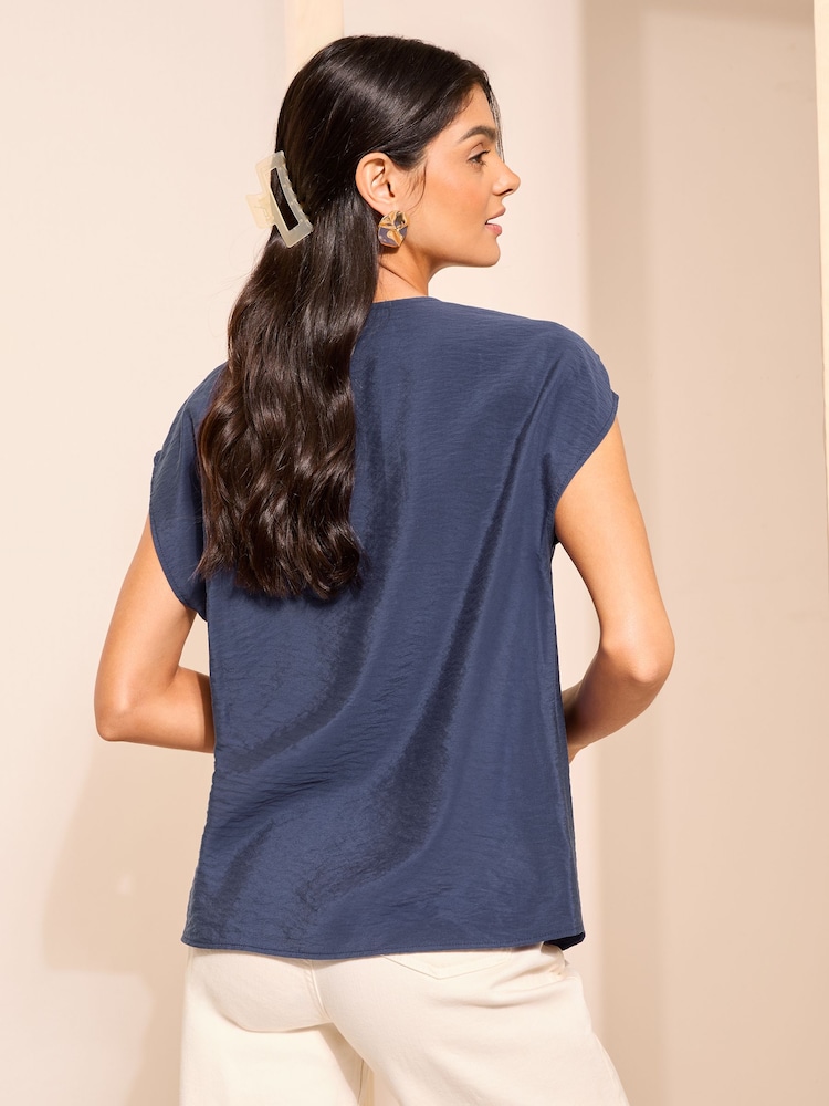 Friends Like These Navy Blue Short Sleeve V Neck Woven Blouse - Image 4 of 4 Friends Like These Navy Blue Short Sleeve V Neck Woven Blouse - Image 4 of 4