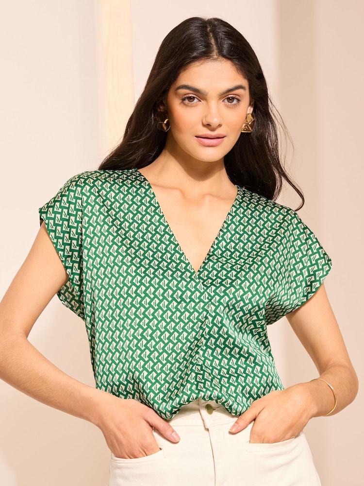 Grün - Friends Like These Kurzärmelige, gewebte Bluse mit V-Ausschnitt - Bild 1 von 4