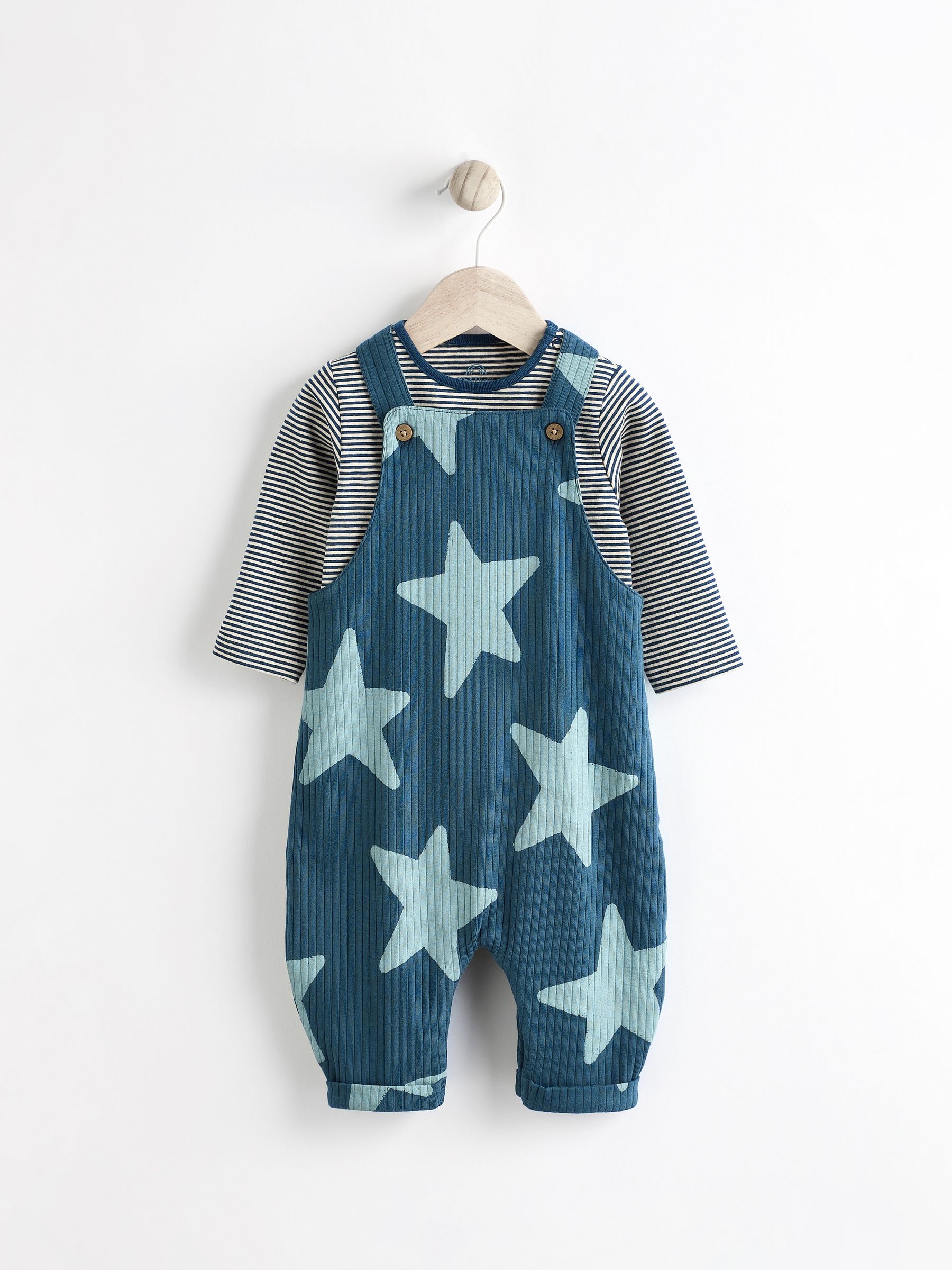 Buy Navy Blue Star Jersey Baby Dungarees And Bodysuit Set (0mths