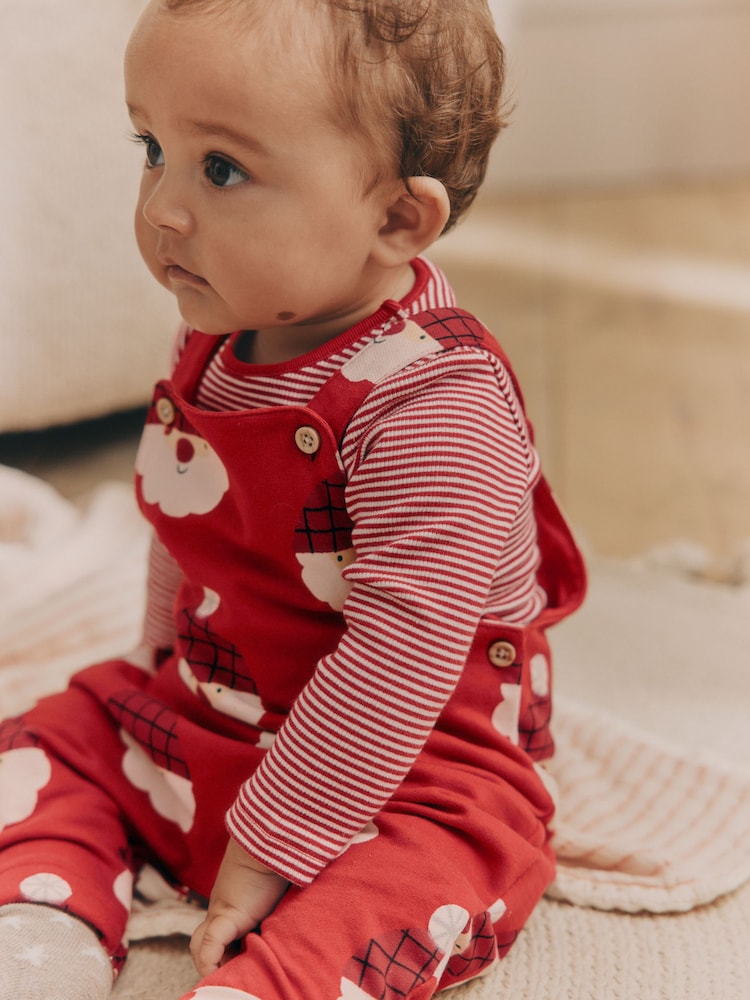 Red Santa Baby 100% Cotton Christmas Jersey Dungarees And Bodysuit Set (0mths-2yrs) - Image 1 of 12