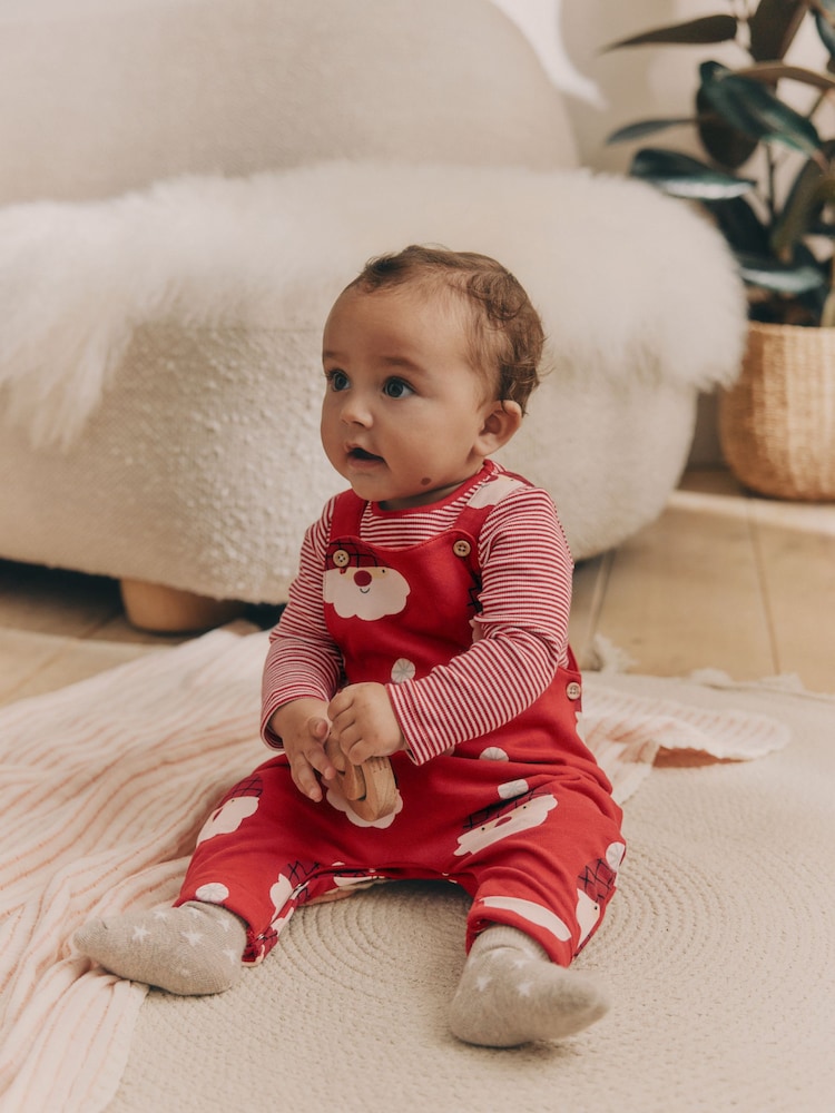 Red Santa Baby 100% Cotton Christmas Jersey Dungarees And Bodysuit Set (0mths-2yrs) - Image 2 of 12