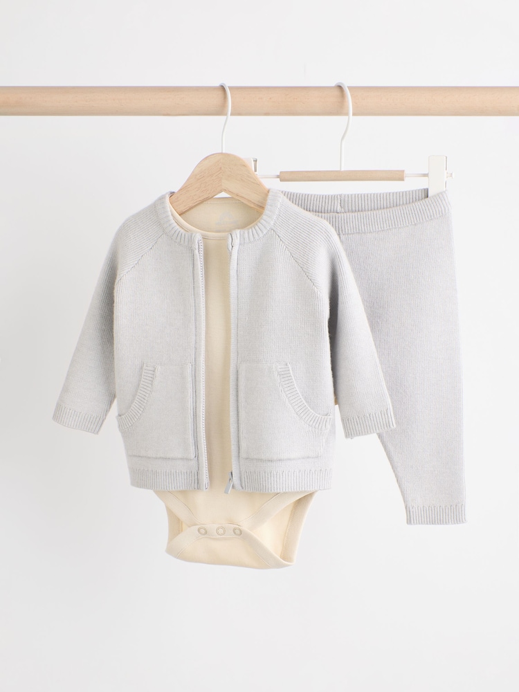 Grey Knit Zip 100% Cotton Jumper and Joggers 3 Piece Set (0mths-2yrs) - Image 1 of 19 Grey Knit Zip 100% Cotton Jumper and Joggers 3 Piece Set (0mths-2yrs) - Image 1 of 19