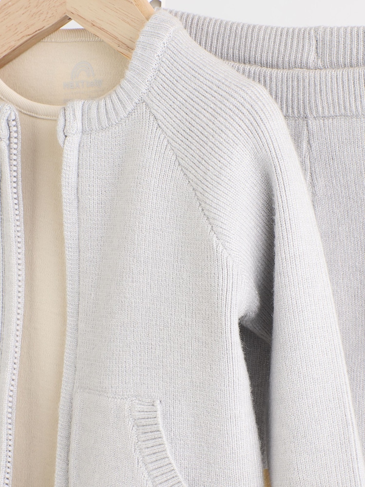 Gri - Set tricotat cu fermoar, Pulover și Pantaloni sport din 100% bumbac, 3 piese (0luni -2ani) - Image 13 of 19