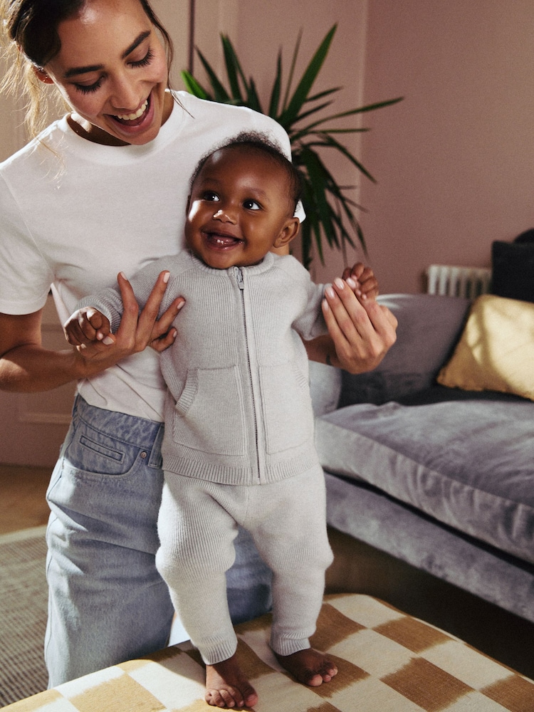Gri - Set tricotat cu fermoar, Pulover și Pantaloni sport din 100% bumbac, 3 piese (0luni -2ani) - Image 5 of 19