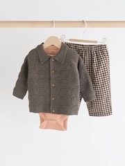 Brown Check Baby 100% Cotton Knitted Jumper and Trousers 3 Piece Set (0mths-2yrs) - Image 1 of 18