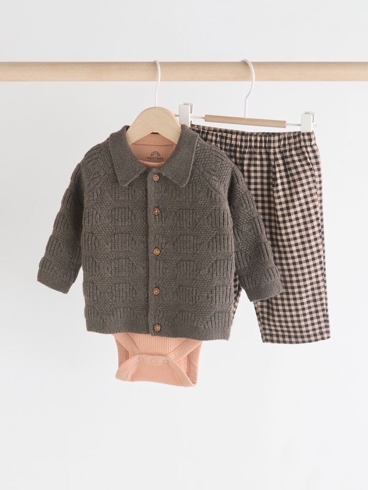 Brown Check Baby 100% Cotton Knitted Jumper and Trousers 3 Piece Set (0mths-2yrs) - Image 1 of 18